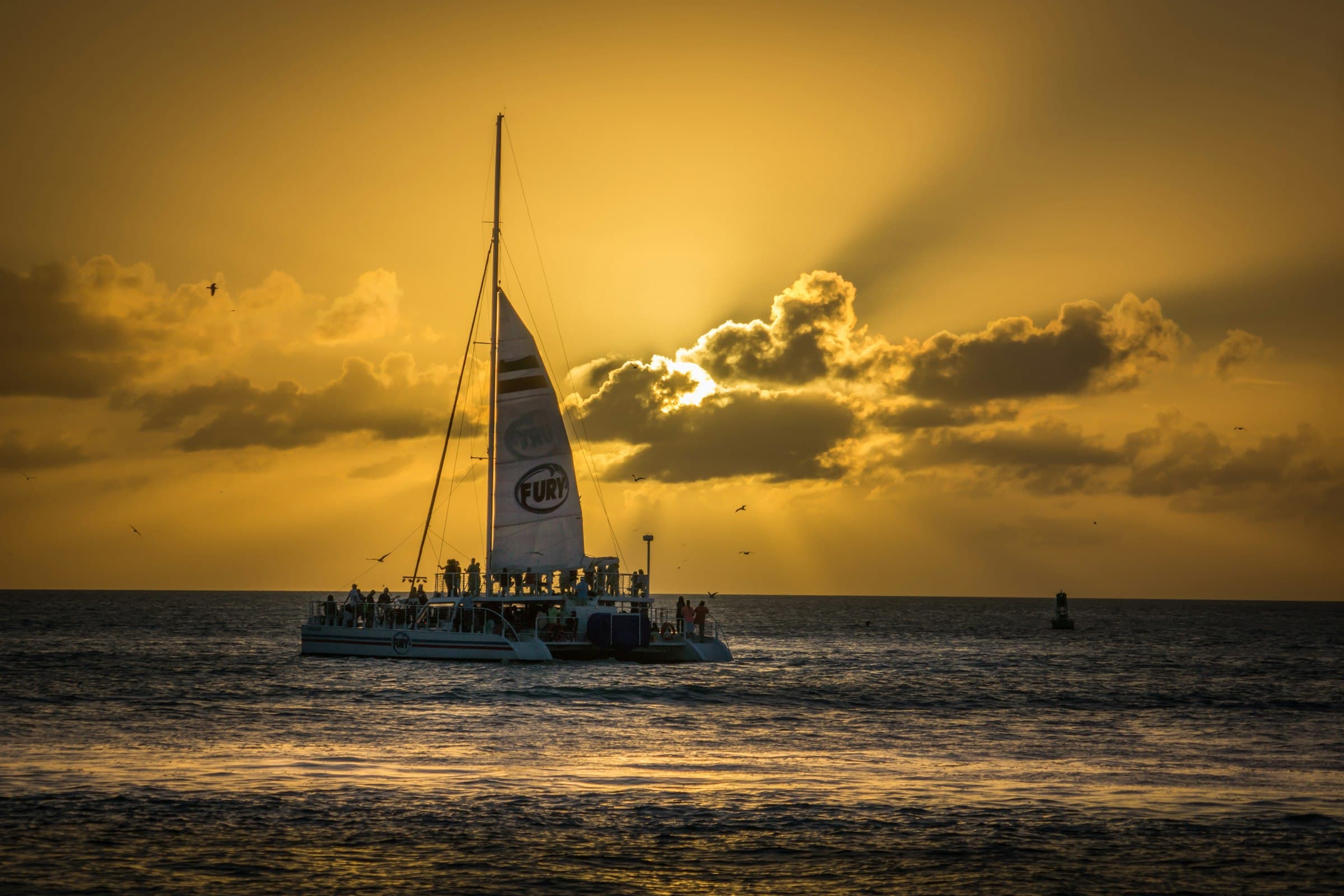 Maxi-catamaran at sunset